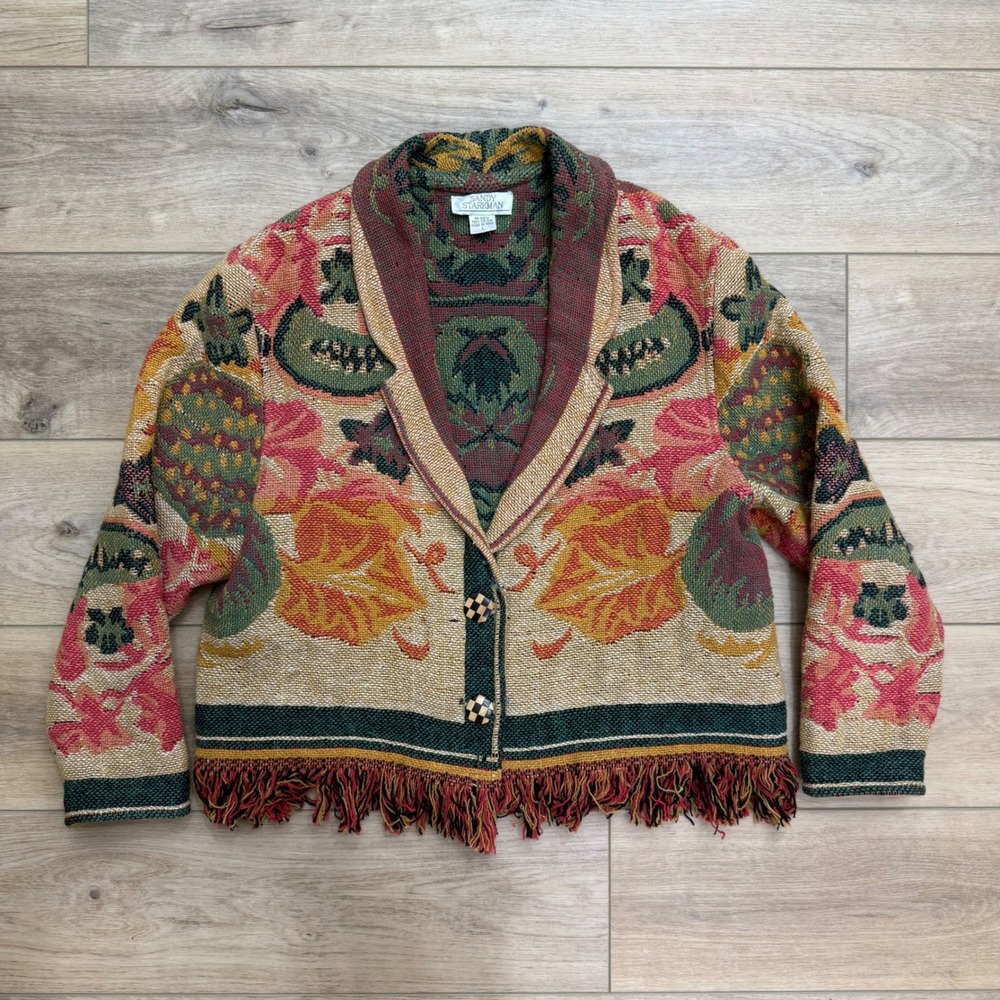 Sandy Starkman Tapestry Jacket Boho Cottagecore Fringe Multicolor Maximalist L